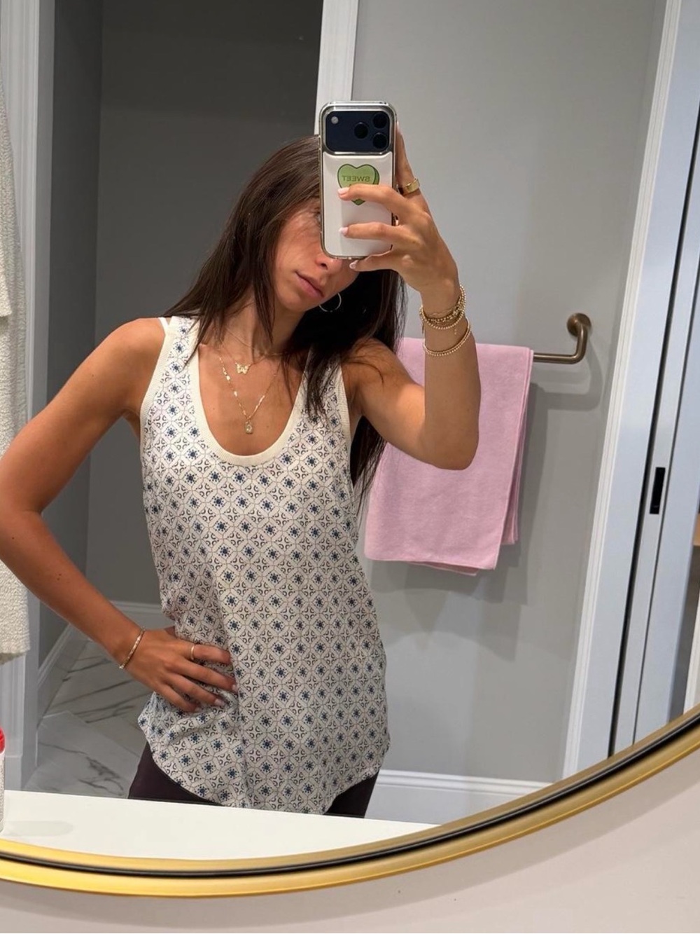 Joie White Scoop Neck Printed Tank with Navy Motif